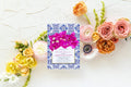 Blue tile bougainvillea printed bridal shower invitations