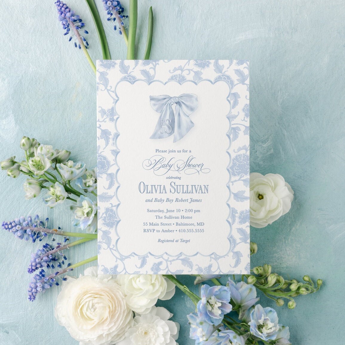 Blue Toile Baby Shower Invitations: Scallop Frame, Monogram printed invitation