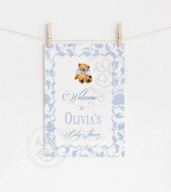 Blue Toile Chinoiserie Baby Shower Welcome Sign