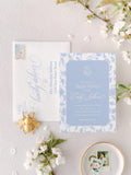 Blue toile chinoiserie printed bridal shower invitations