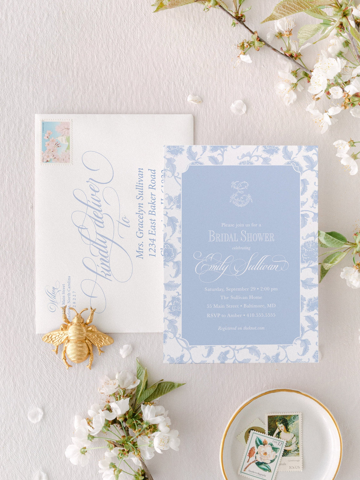 Blue toile chinoiserie printed bridal shower invitations