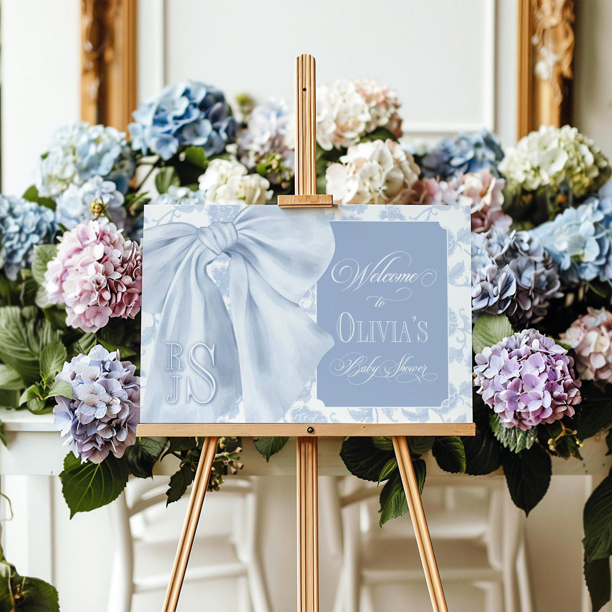 Blue Toile Chinoiserie Monogram Baby Shower Welcome Sign