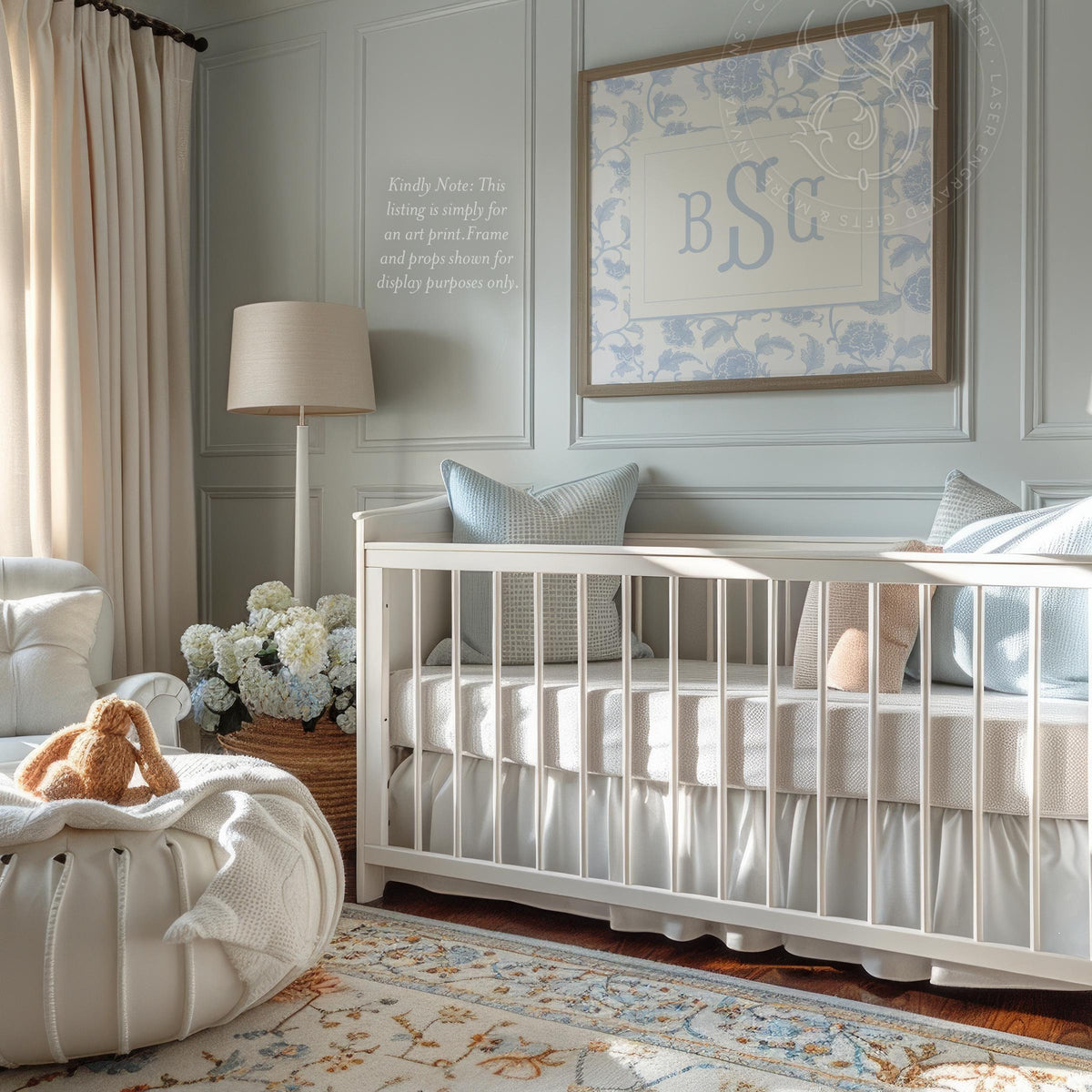 Blue Toile Monogram Nursery Art Print: Grandmillennial Boy or Girl Room Decor - image 2