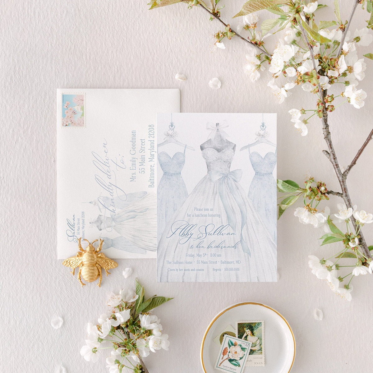 Blue watercolor bridesmaids luncheon printed invitations