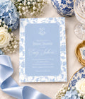 Blue and white chinoiserie printed bridal shower invitations