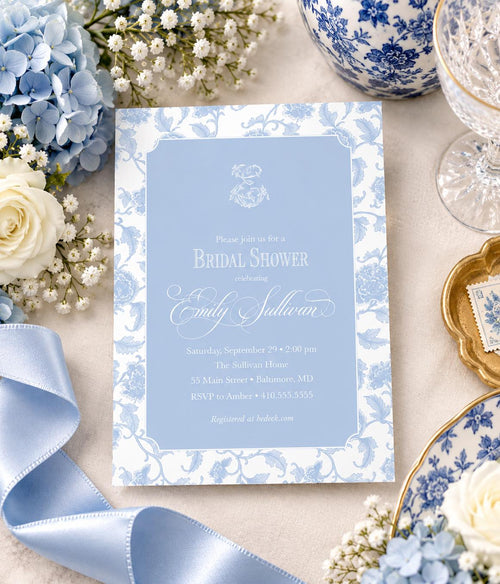 Blue and white chinoiserie printed bridal shower invitations
