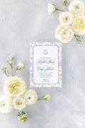 Blue and white chinoiserie monogram printed bridal shower invitations