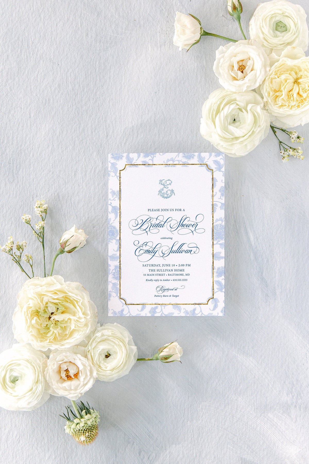 Blue and white chinoiserie monogram printed bridal shower invitations