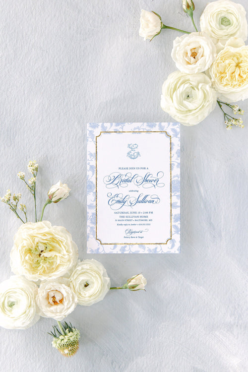 Blue and white chinoiserie monogram printed bridal shower invitations