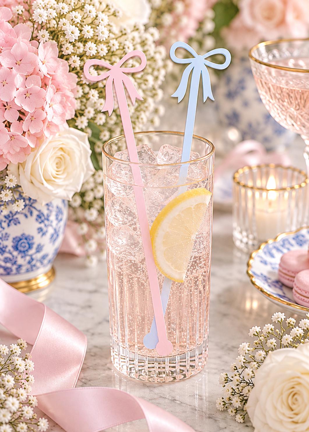 Bow acrylic drink stirrers for showers, weddings and parties