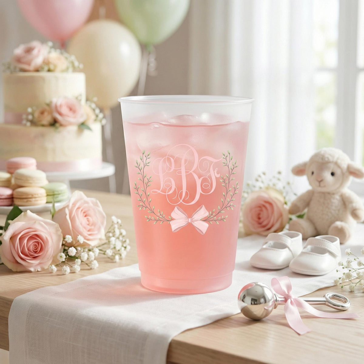 Bow crest monogram frosted party cups