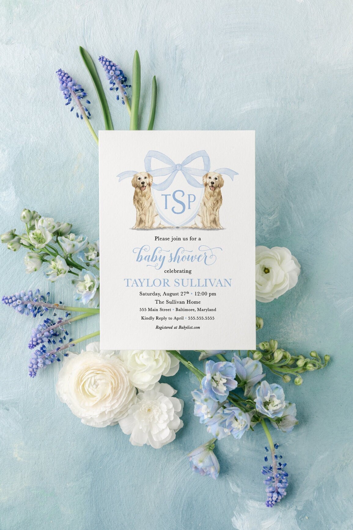 Boy Baby Shower Invitation: Watercolor Crest, Golden Retriever | Digital File