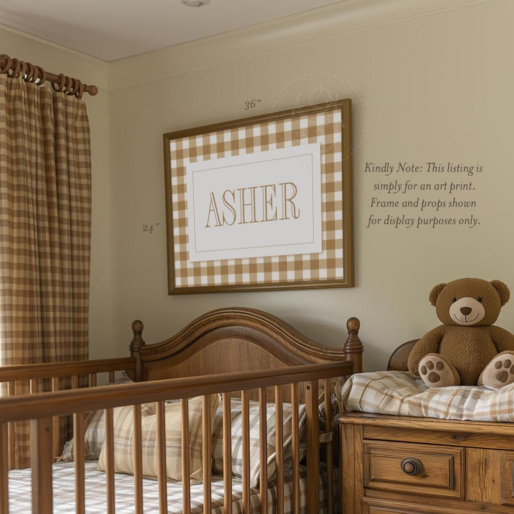 Boy Name Nursery Print: Brown Gingham Monogram Wall Art - image 1