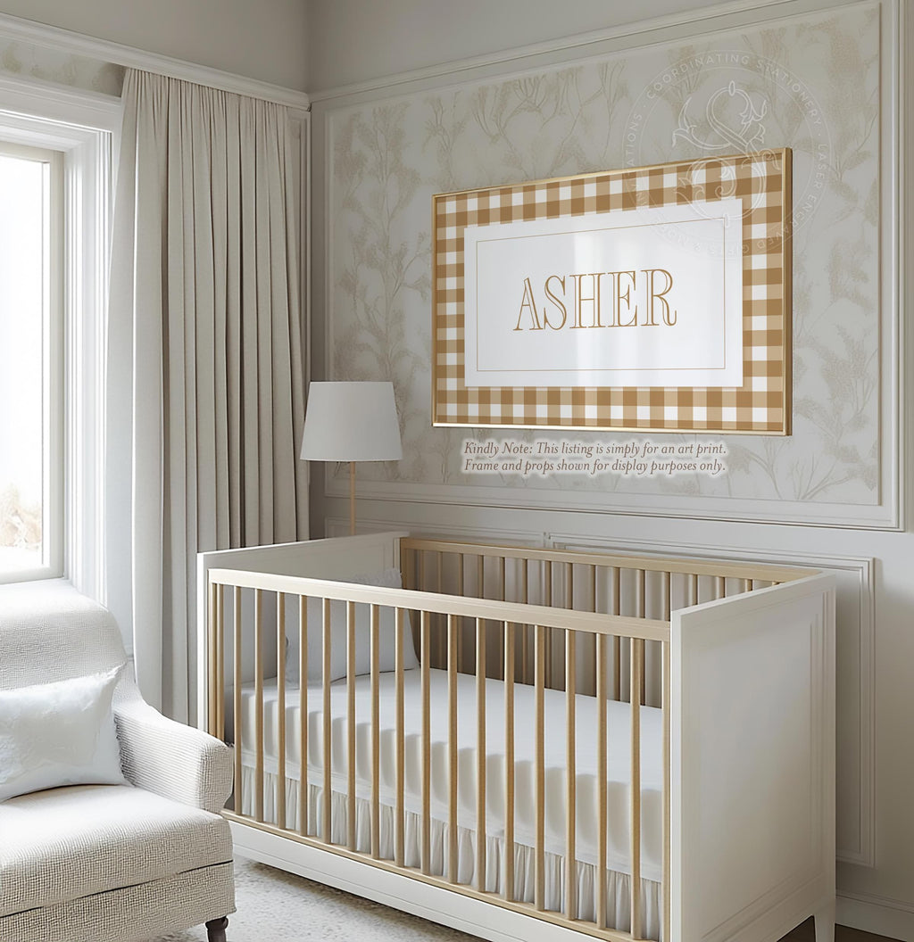 Boy Name Nursery Print: Brown Gingham Monogram Wall Art - image 2