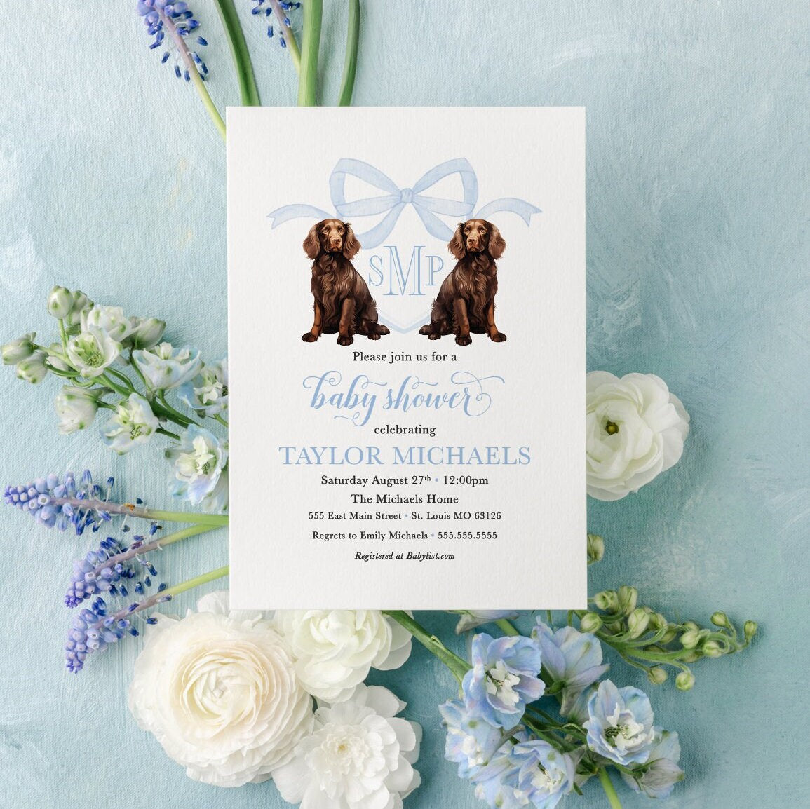 Boykin Spaniel Baby Shower Invitations: Blue Monogram Crest (Digital File) printed invitation