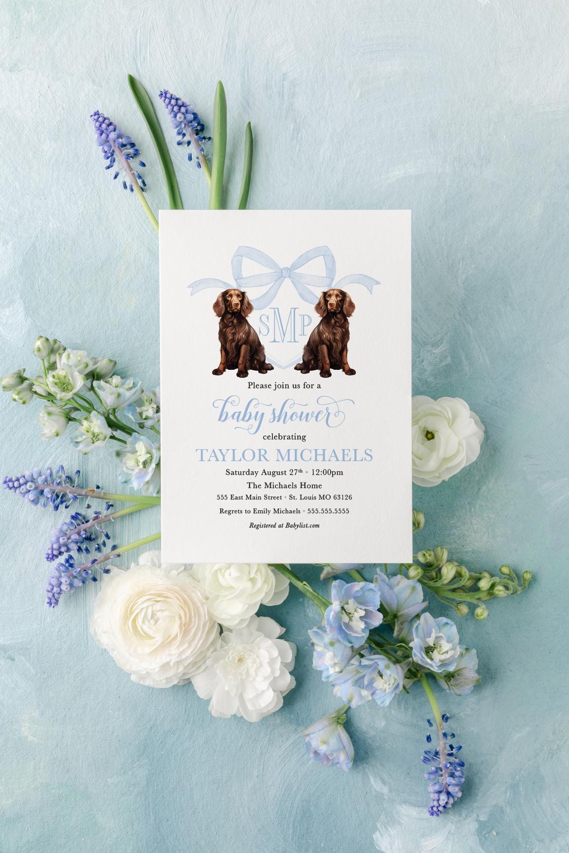 Boykin Spaniel blue puppy crest digital baby shower invitation
