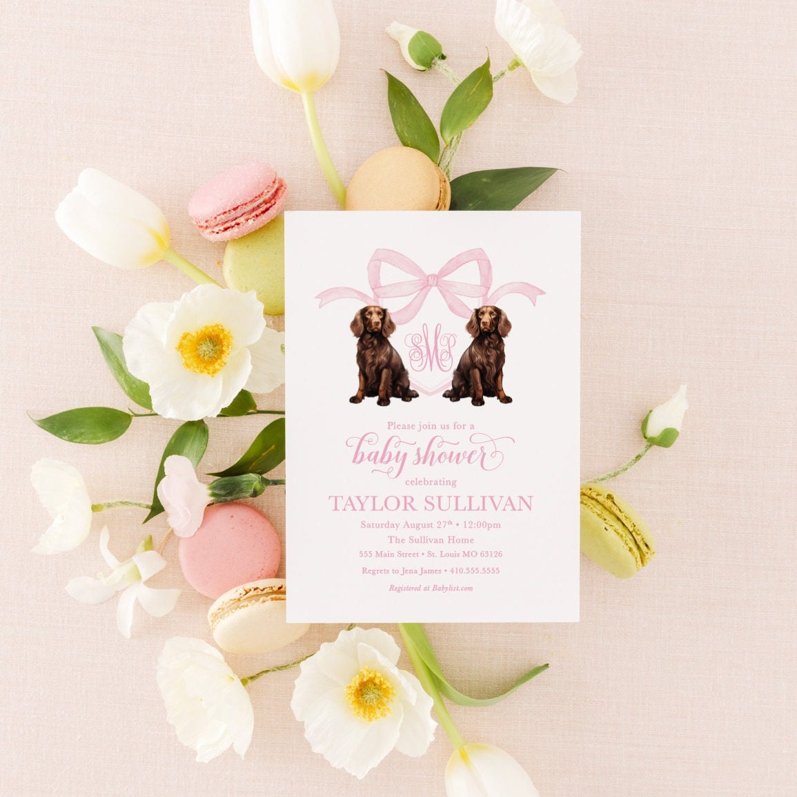 Boykin Spaniel pink puppy crest digital baby shower invitation