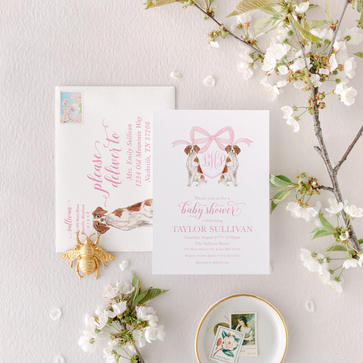 Brittany Spaniel Baby Shower Invitations: Preppy Watercolor Crest printed invitation