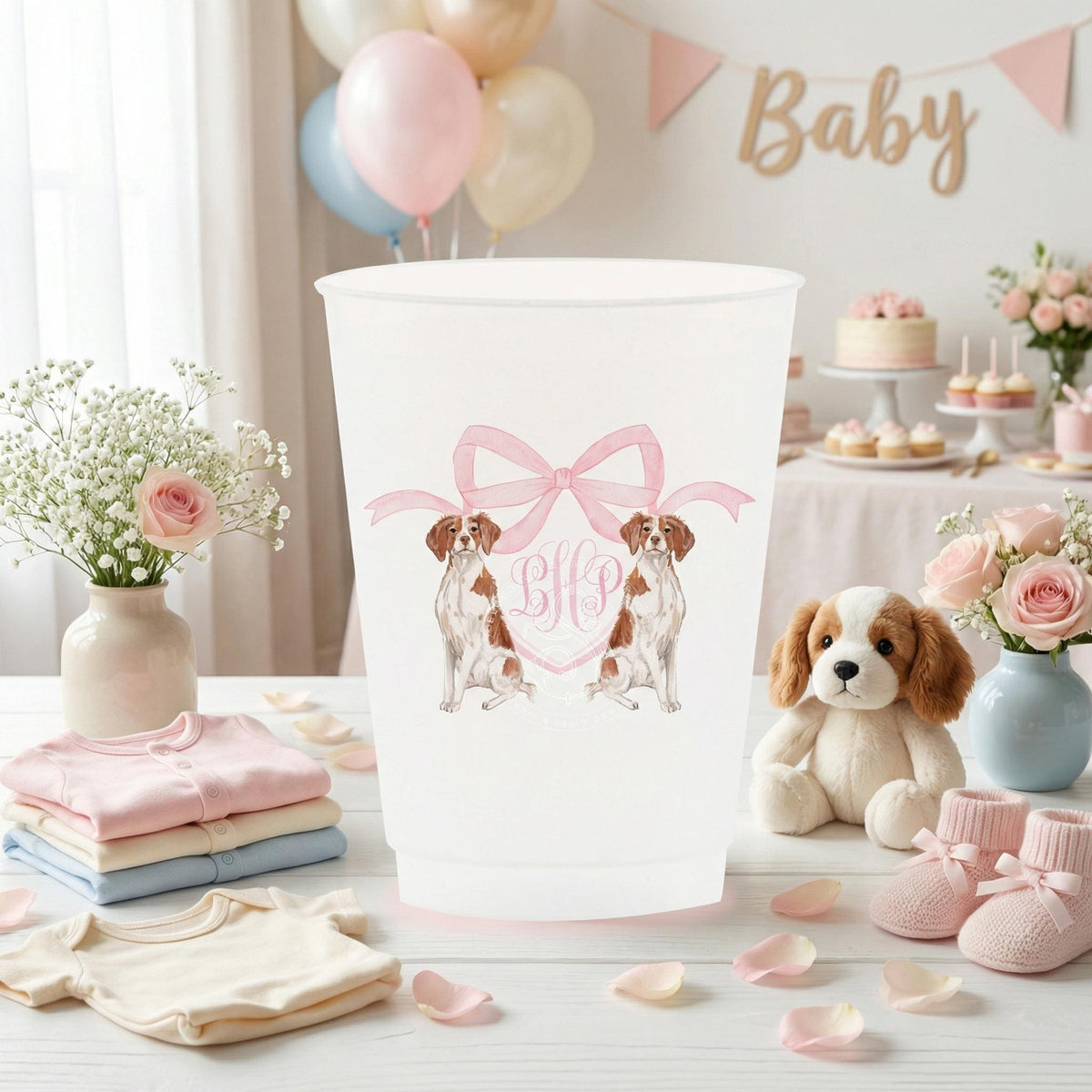 Brittany Spaniel monogram frosted party cups