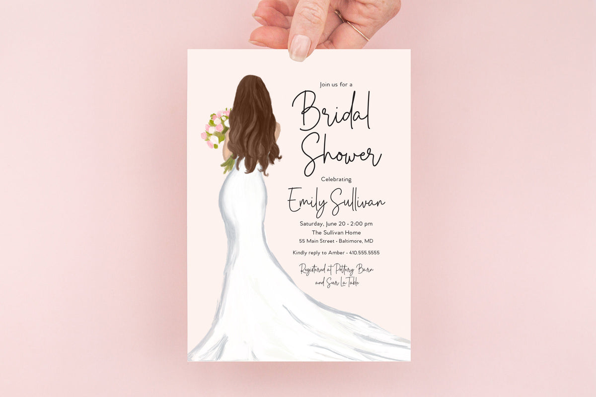 Brunette bride elegant gown printed bridal shower invitations