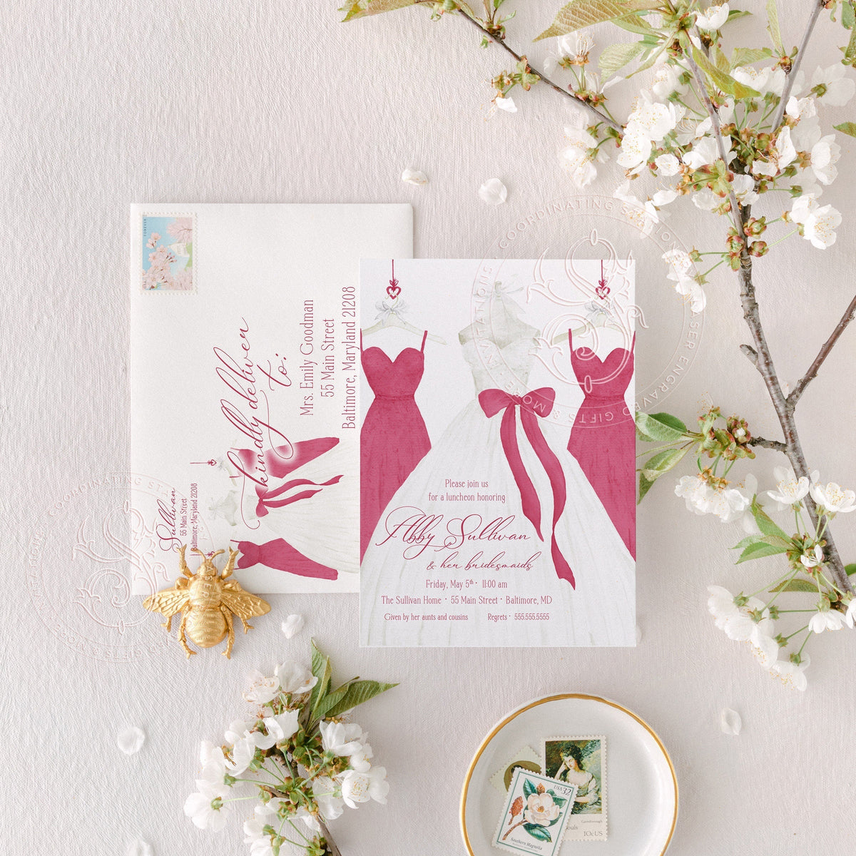 Burgundy watercolor gown printed bridesmaids luncheon invitations