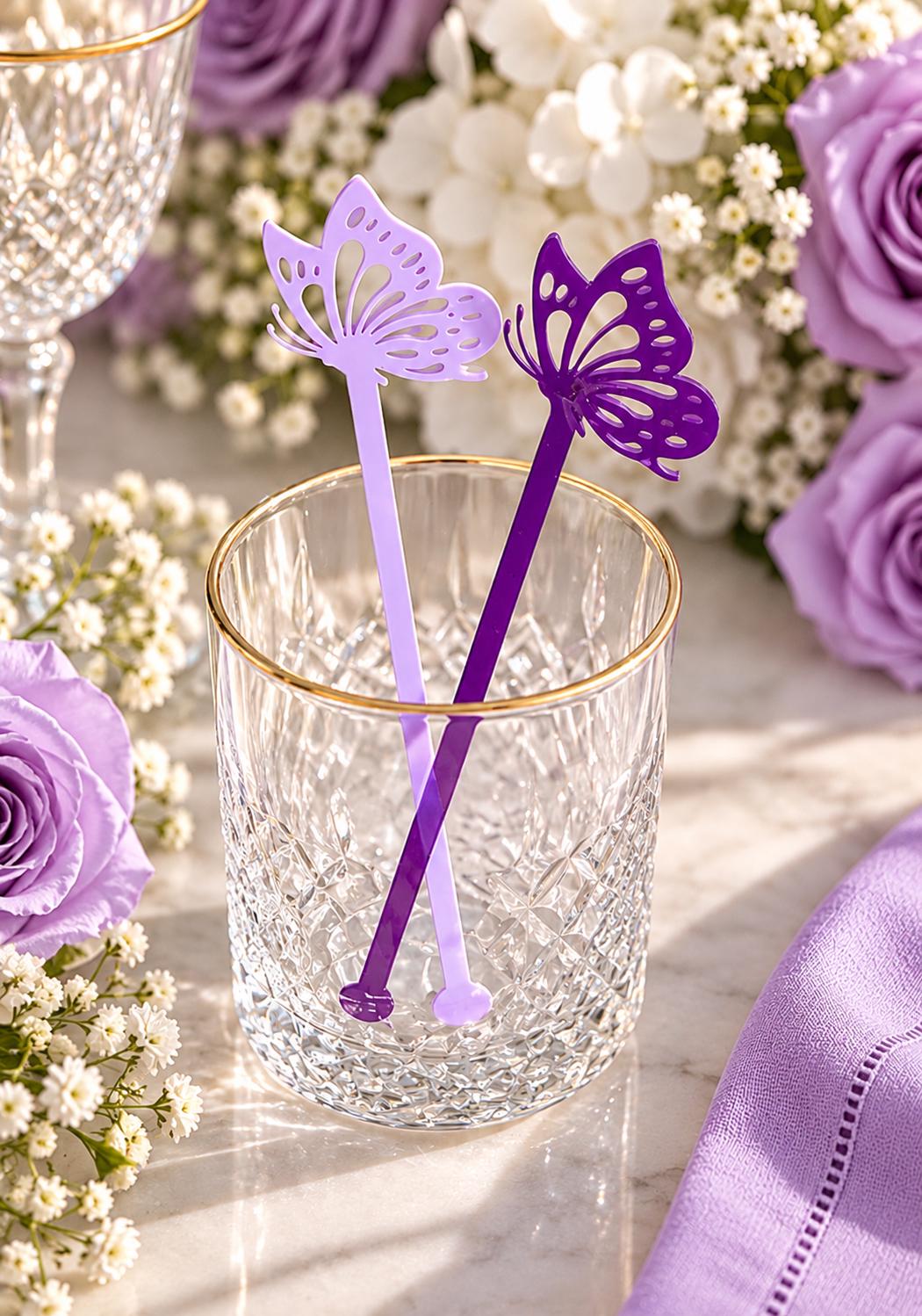 Butterfly acrylic drink stirrers in lilac