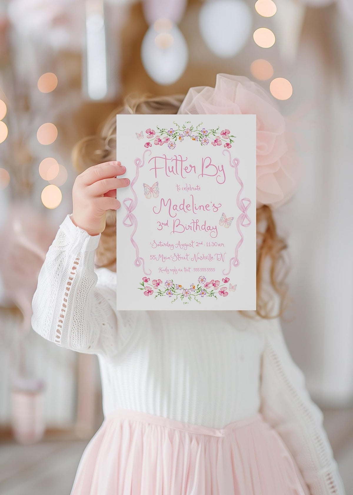 Butterfly Pink Bow Floral Birthday Invitation printed children's birthday invitation