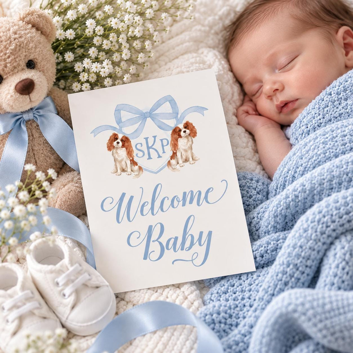 Cavalier King Charles monogram baby boy milestone cards