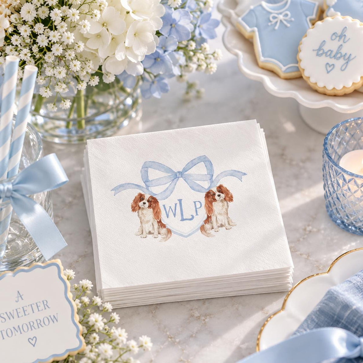 Cavalier King Charles Spaniel Napkins: Monogram Baby Shower Napkins