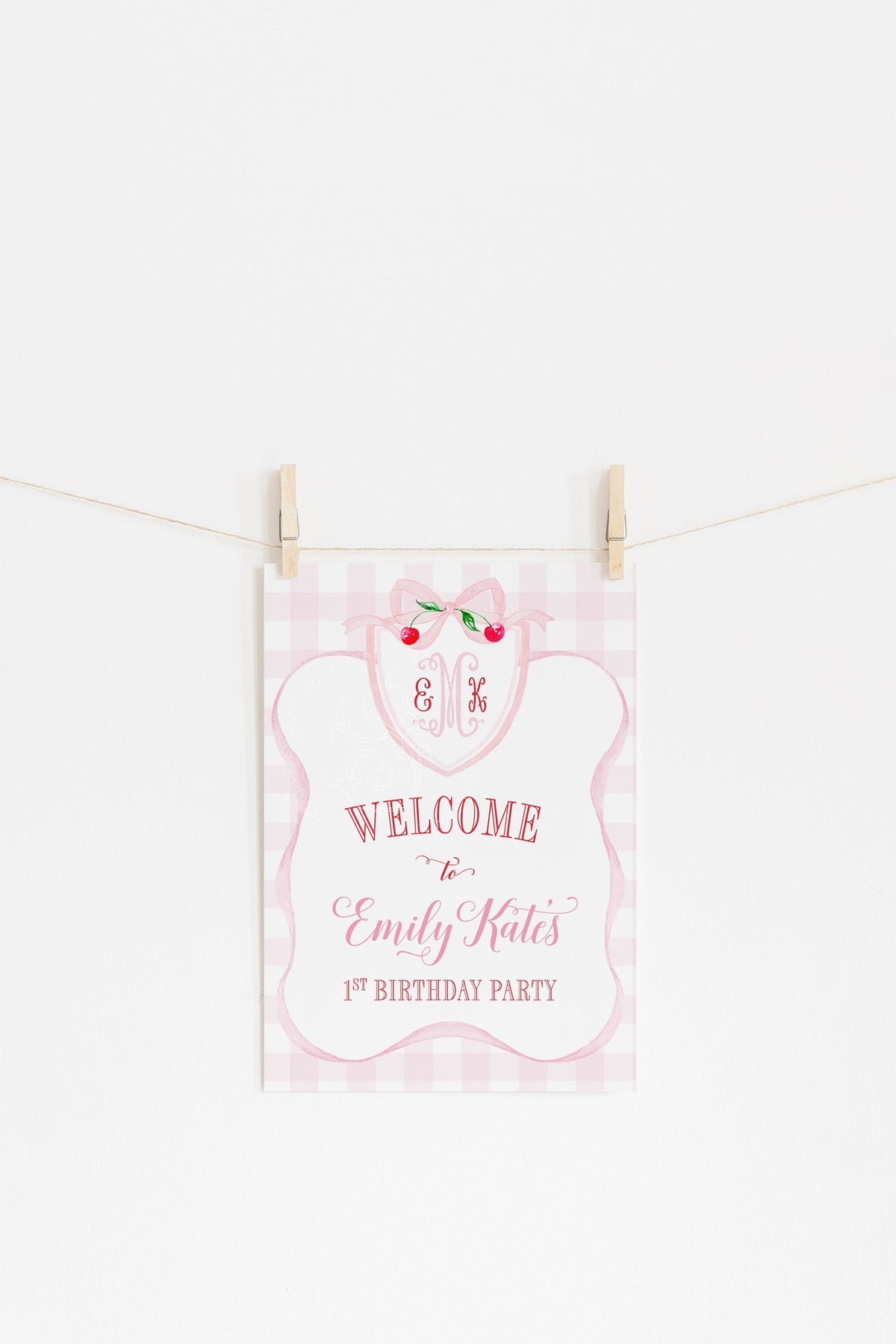 Cherry Pink Gingham First Birthday Welcome Sign