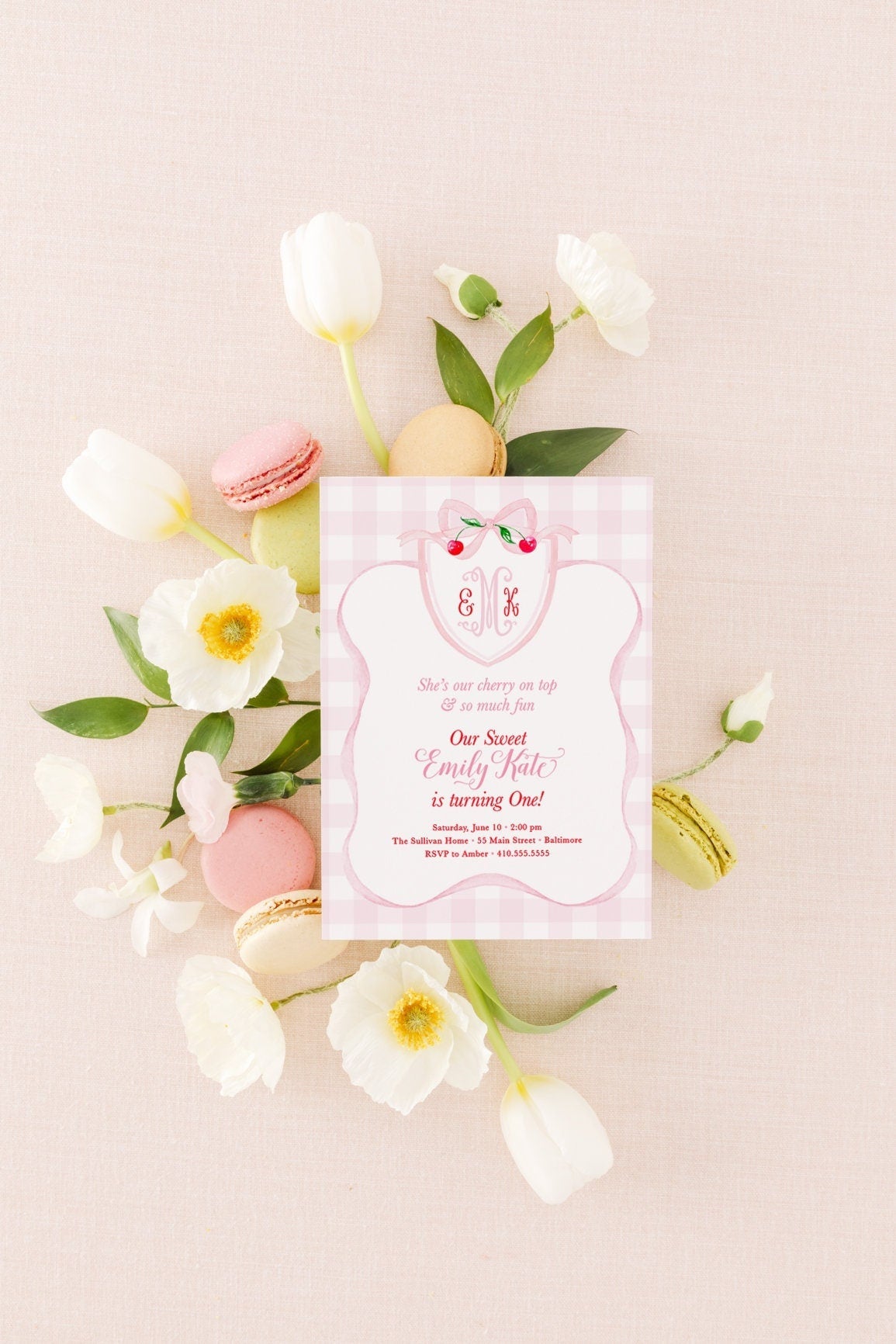 Cherry Preppy Monogram Watercolor Bow First Birthday Invitation printed children's birthday invitation