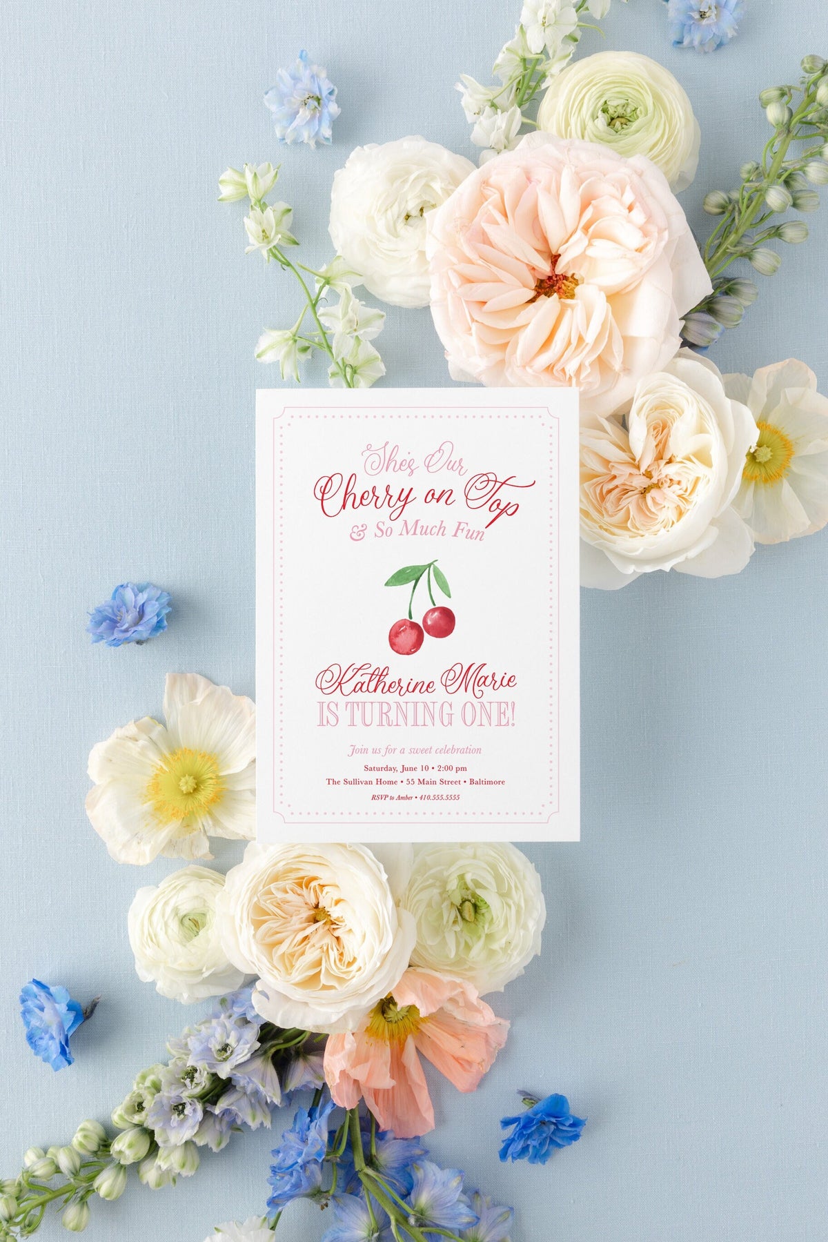 Cherry Watercolor Girl First Birthday Invitation printed children's birthday invitation