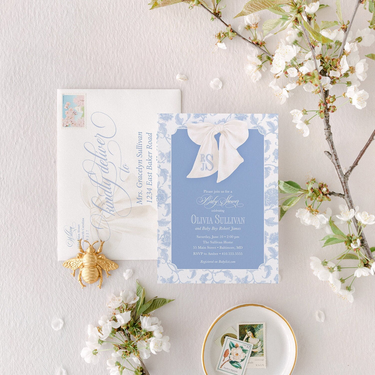 Chinoiserie Boy Baby Shower Invitation: Blue Bow Monogram printed invitation