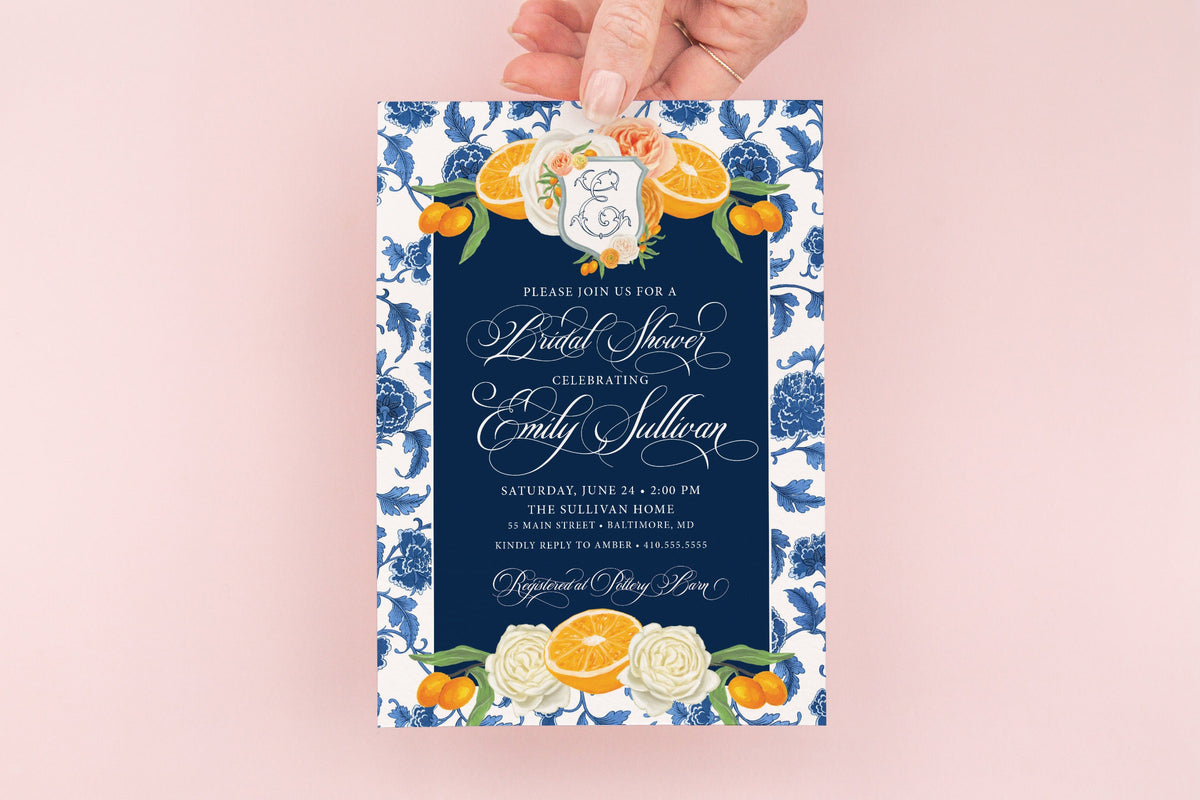 Citrus chinoiserie orange blossom crest digital bridal shower invitation