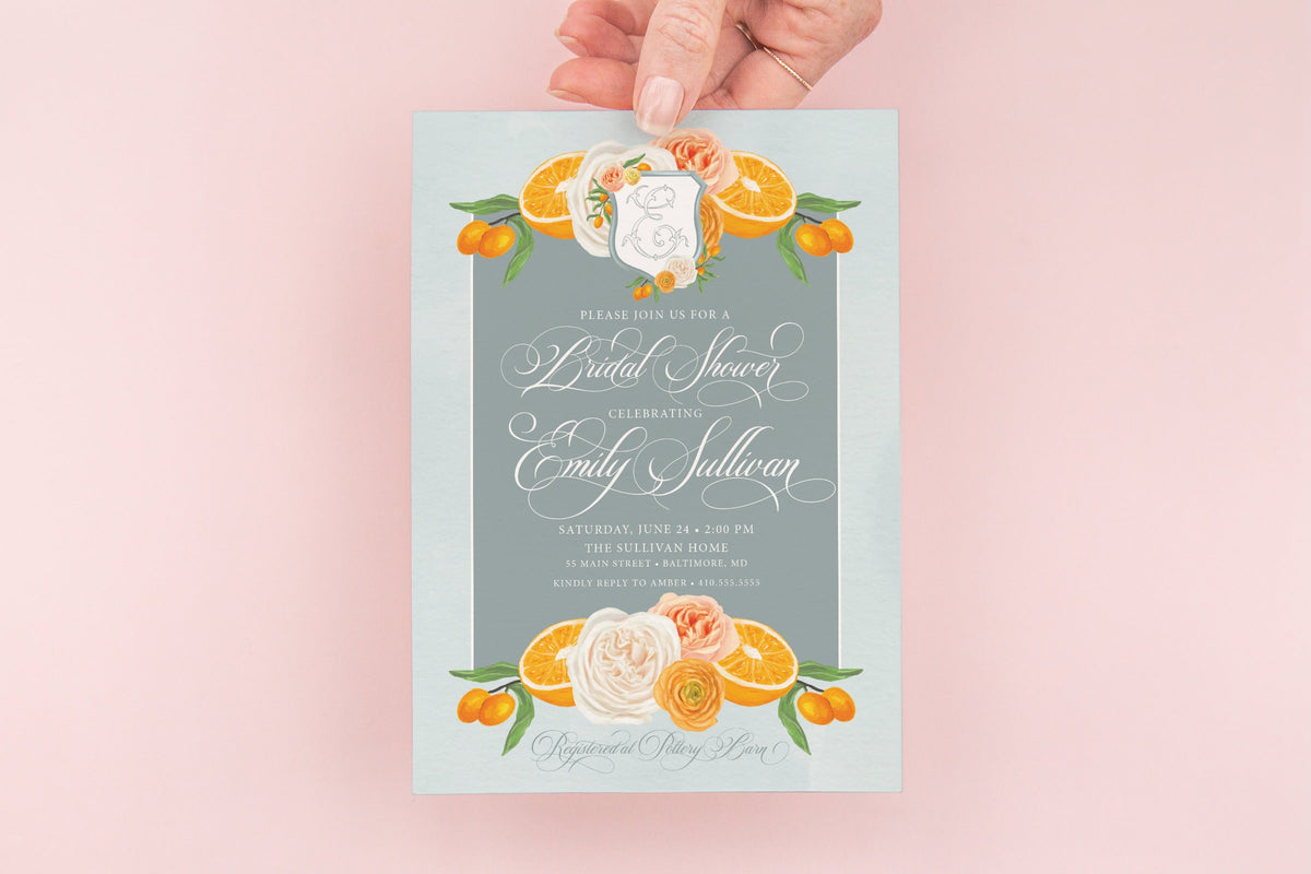 Citrus orange blossom printed bridal shower invitations