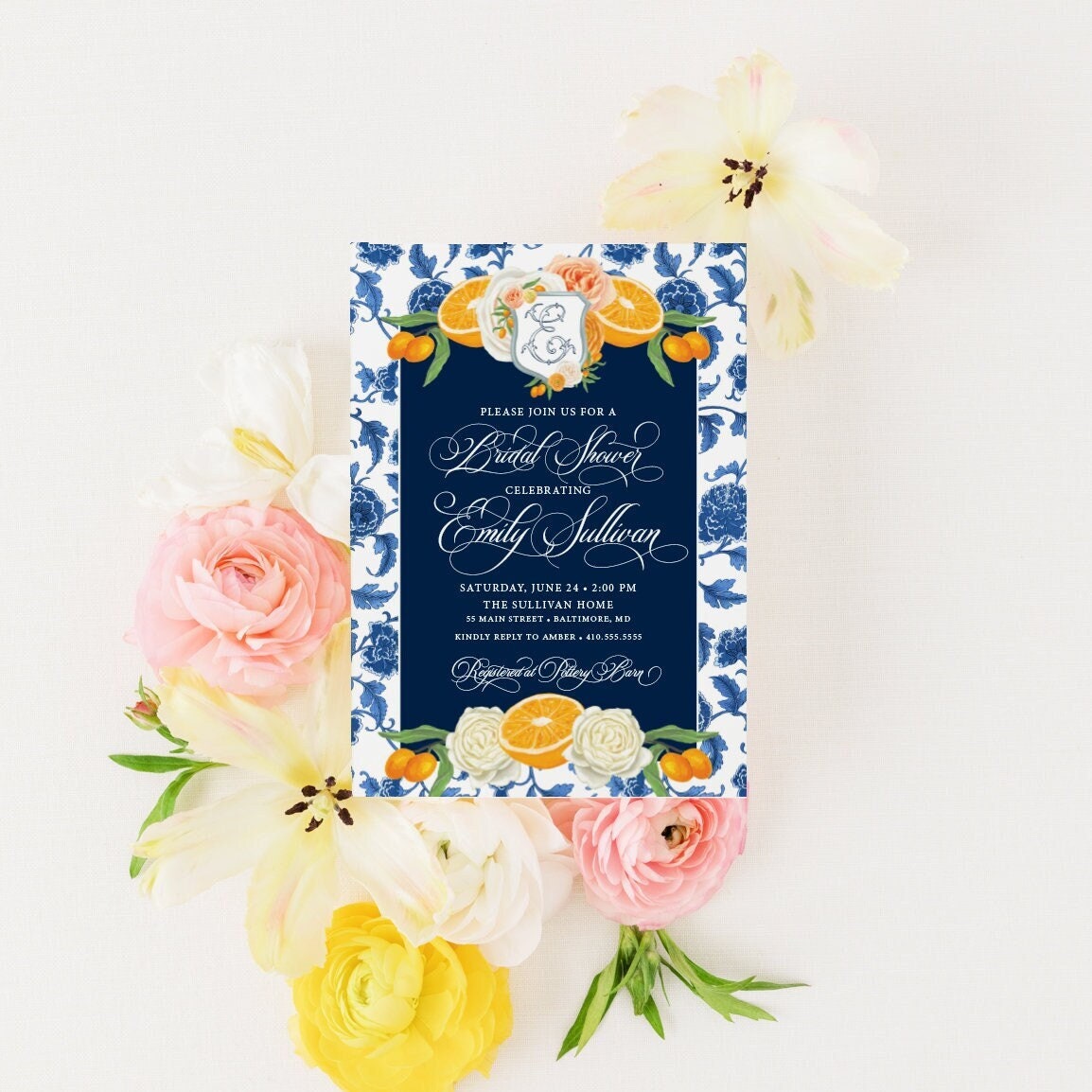 Citrus orange monogram printed bridal shower invitations