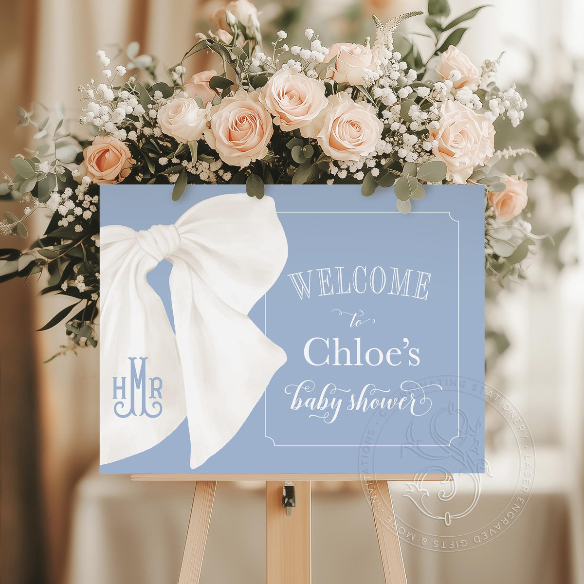 Classic Blue Bow Baby Shower Welcome Sign
