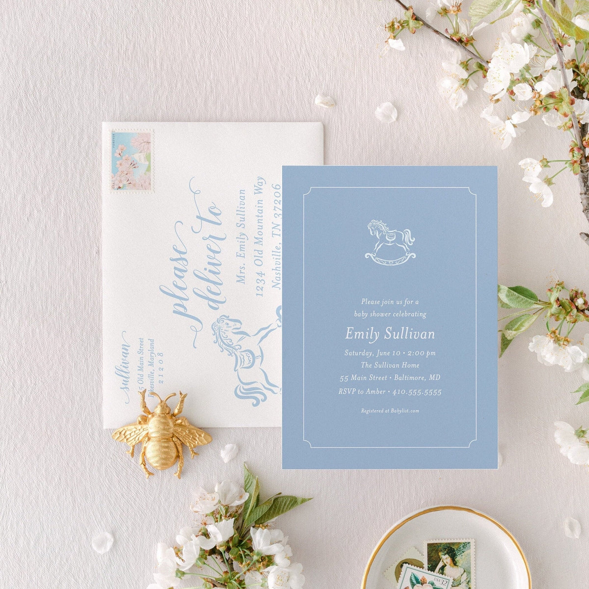 Classic blue rocking horse printed baby shower invitations