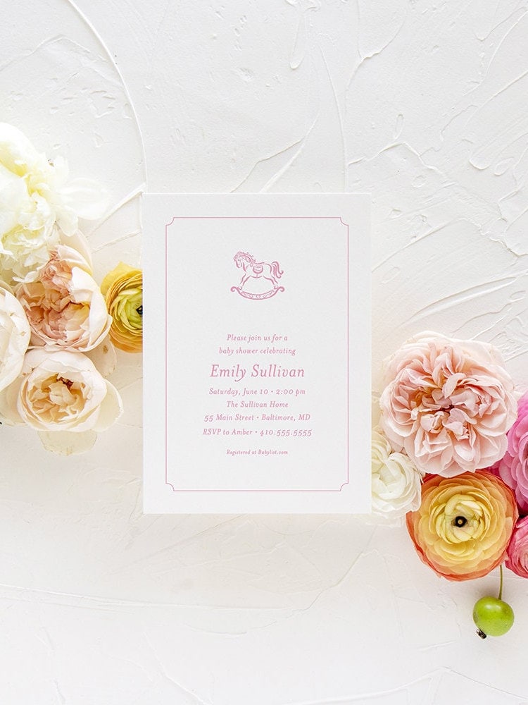 Classic pink rocking horse digital baby shower invitation