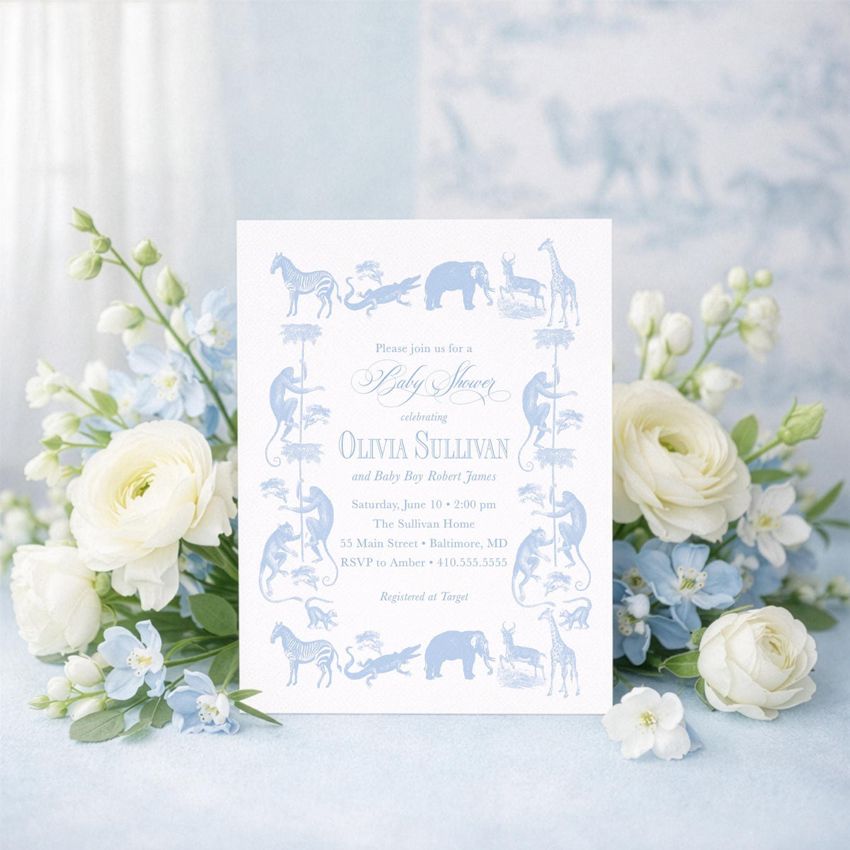 Classic Safari Baby Boy Shower Invitation Safari Animals Boy Baby Sprinkle Traditional - Elephant Monkey Giraffe Zebra Alligator Printable | Digital File