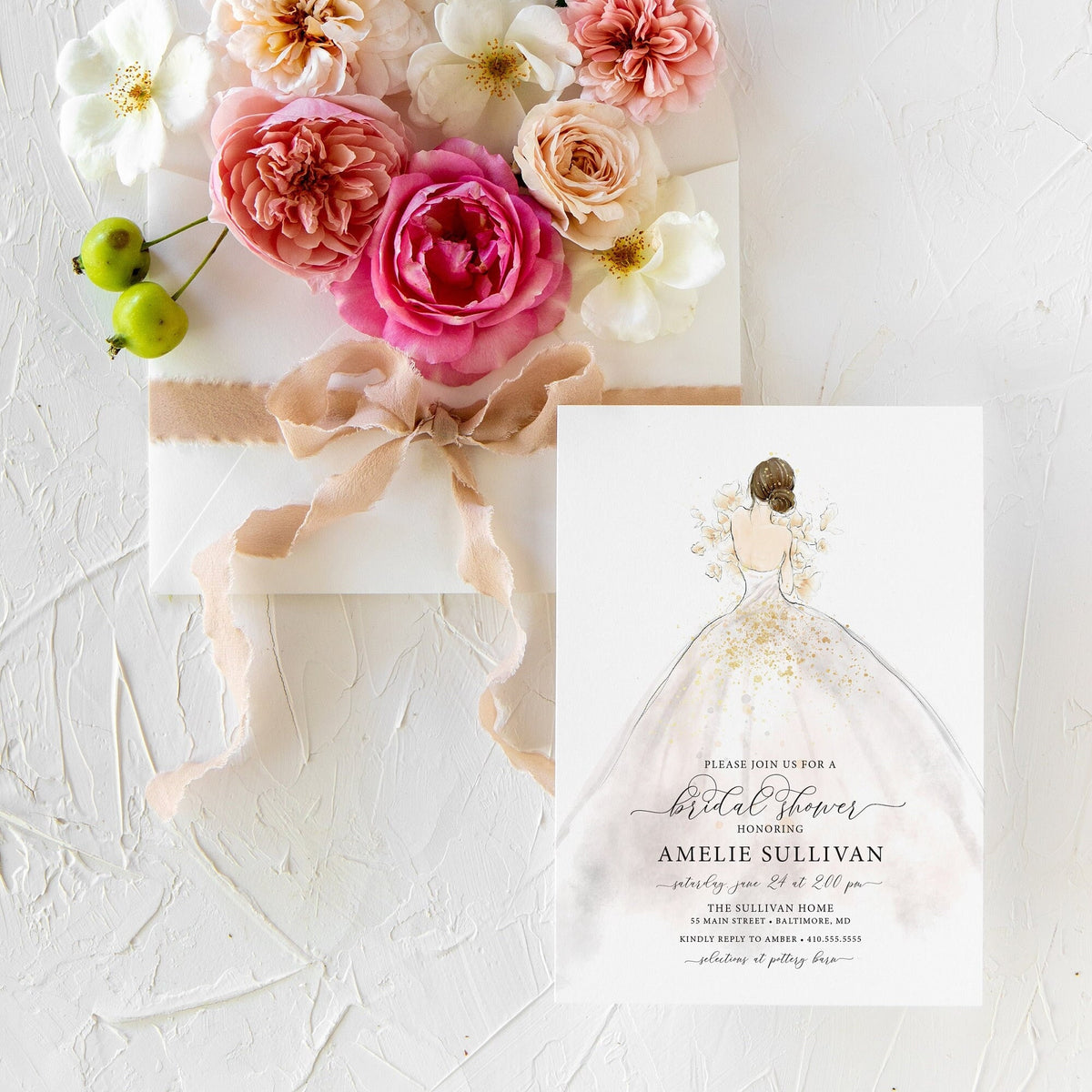 Classic wedding dress printed bridal shower invitations