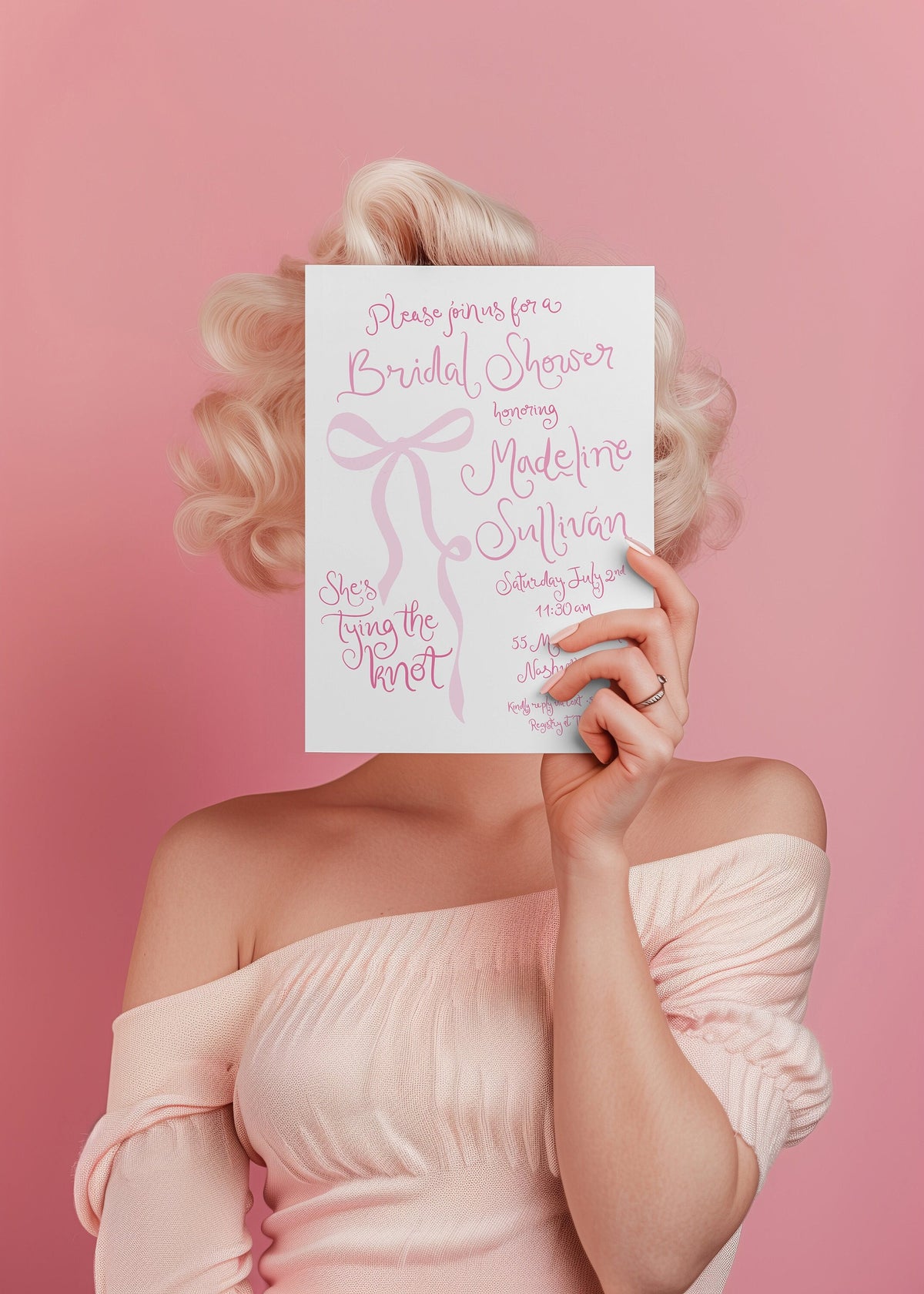 Coquette pink bow tying the knot printed bridal shower invitations