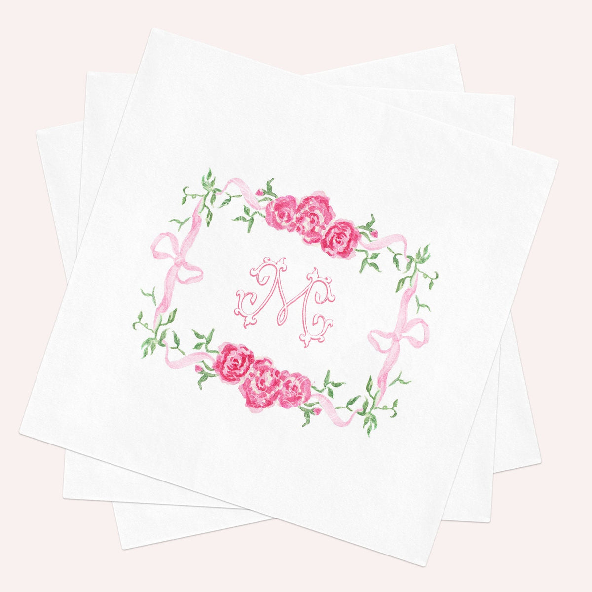 Custom Floral Crest Napkins: Pink Bow, Personalized Initial