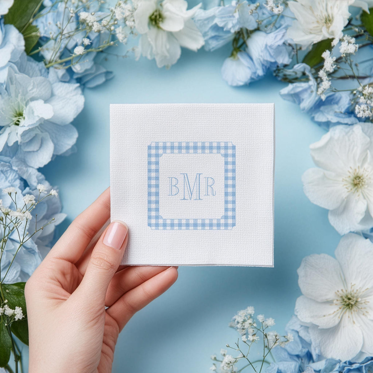 Custom Monogram Napkins: Blue Gingham Baby Shower Napkins