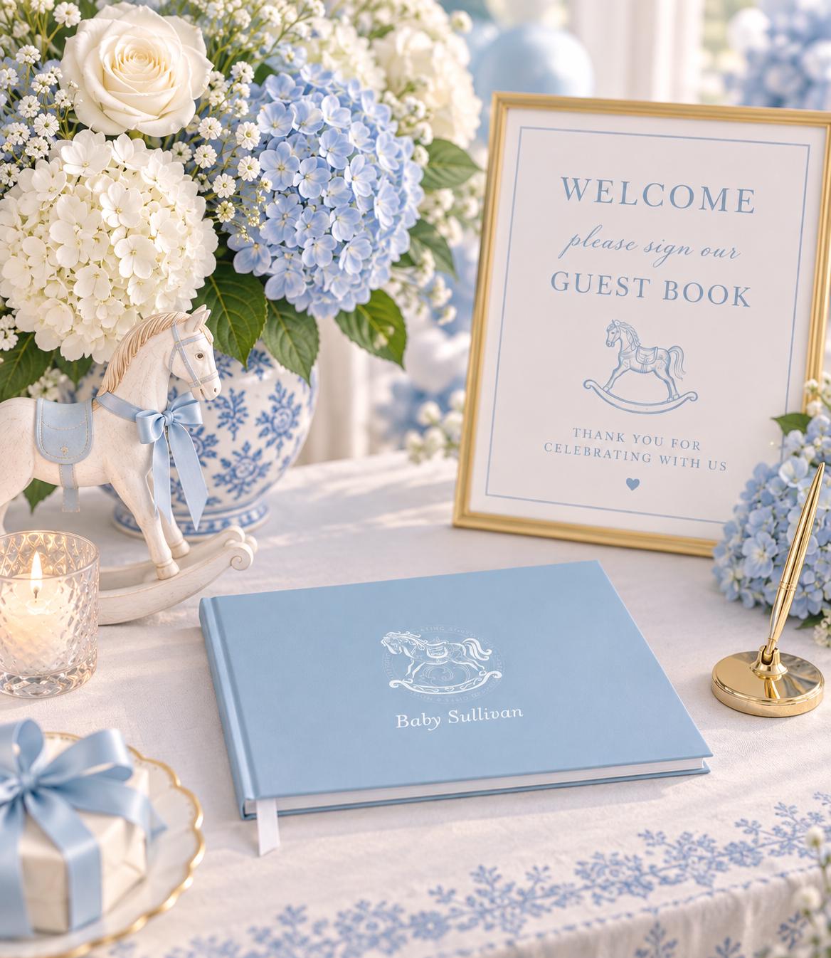 Dusty Blue Rocking Horse Baby Shower Guest Book - image 1