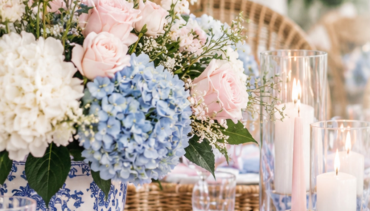 Chinoiserie floral party table detail in blush pink, powder blue and white