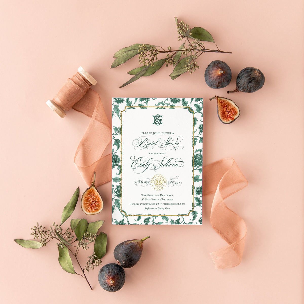 Emerald green chinoiserie printed bridal brunch invitations