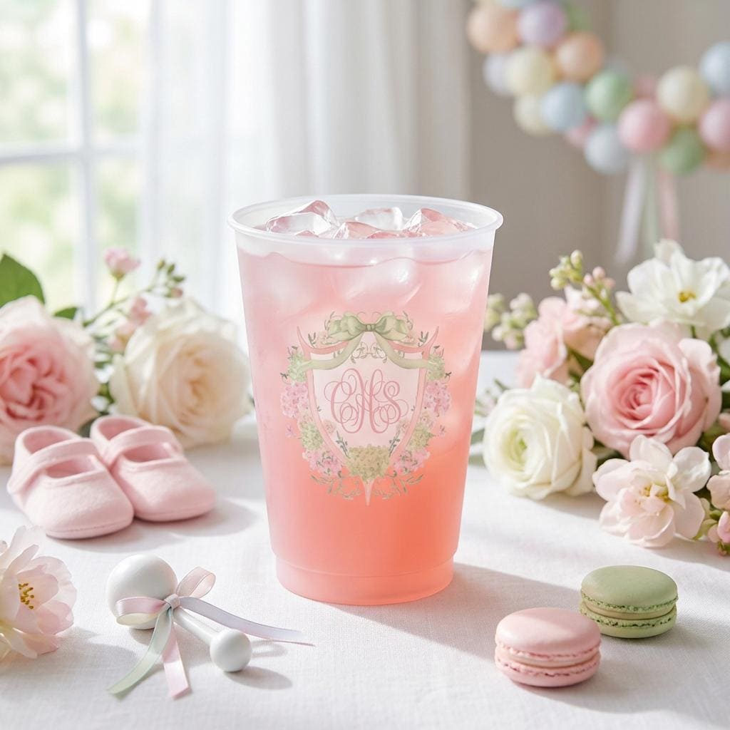 Floral bow monogram crest frosted party cups