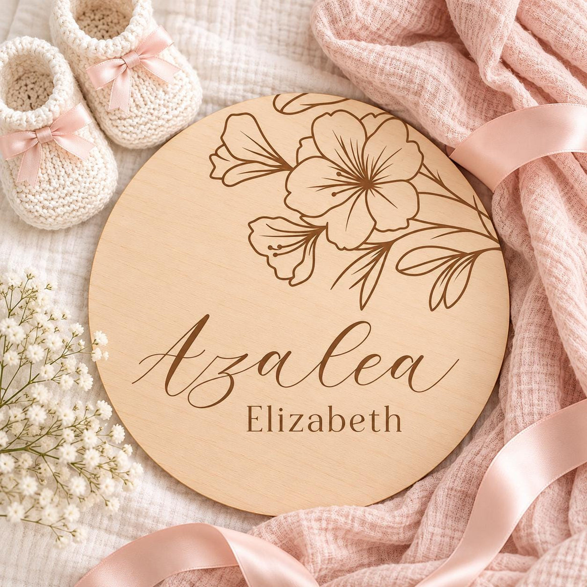 Floral Engraved Baby Name Sign - image 1
