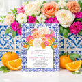 Floral orange pink and blue tile digital bridal shower invitation
